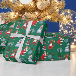 Papel De Presente Whimsical Winter Tree with Santa and Snowman