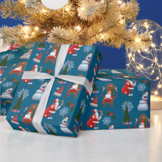Papel De Presente Whimsical Winter Tree with Santa and Snowman