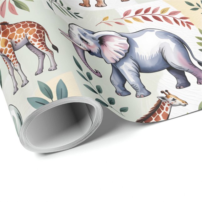 Papel De Presente Whimsical wrapping paper featuring elephants, lion (Criador carregado)
