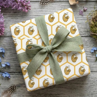 Papel De Presente Whimsical Yellow Beehive and Bumblebee Pattern