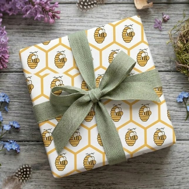 Papel De Presente Whimsical Yellow Beehive and Bumblebee Pattern (Springtime beehive pattern wrapping gift)