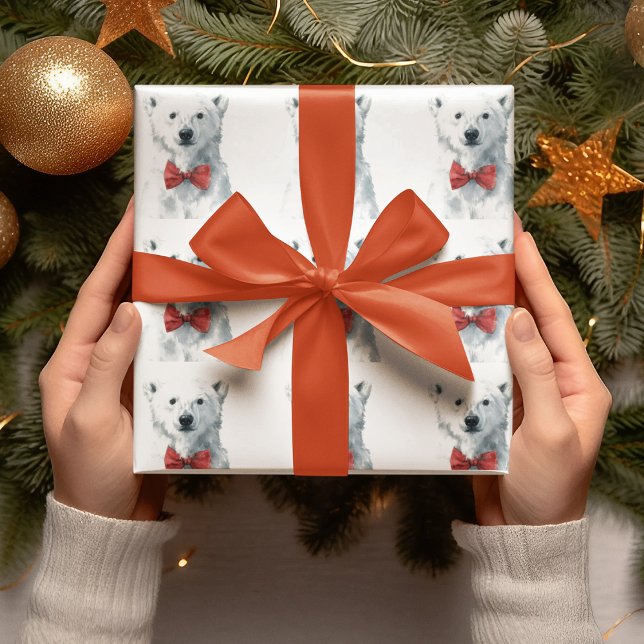 Papel De Presente White Bear with Red Bow – Christmas Wrapping Paper (Criador carregado)
