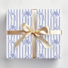 Papel De Presente White Blue Coastal Palm Trees Bows Stripes Pattern