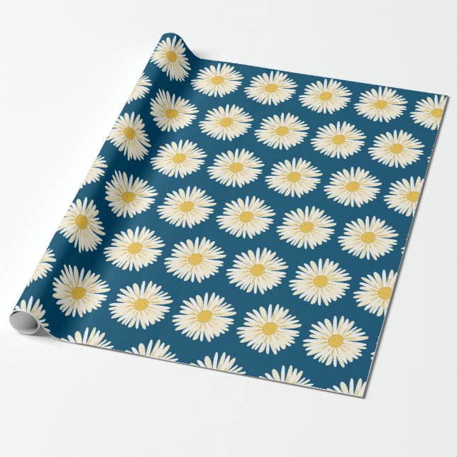 Papel De Presente White Daisies Blue feliz (Desenrolado)