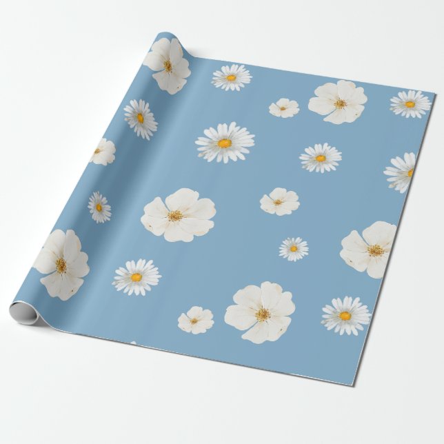 Papel De Presente White Daisies em Azul (Desenrolado)