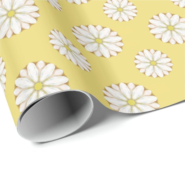 Papel De Presente White Daisies no Ouro Amarelo (Ponta do rolo)