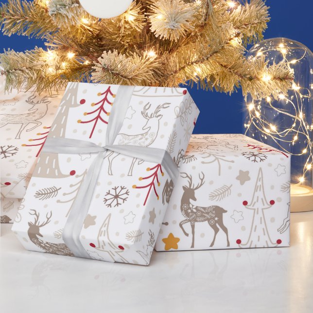 Papel De Presente White de inverno, Árvore de Natal e Veado (Feriados)