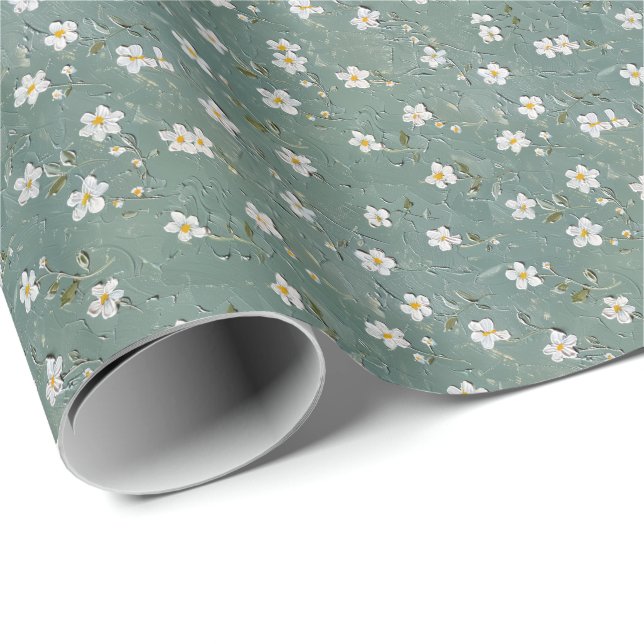 Papel De Presente White Floral Dusty Green (Ponta do rolo)