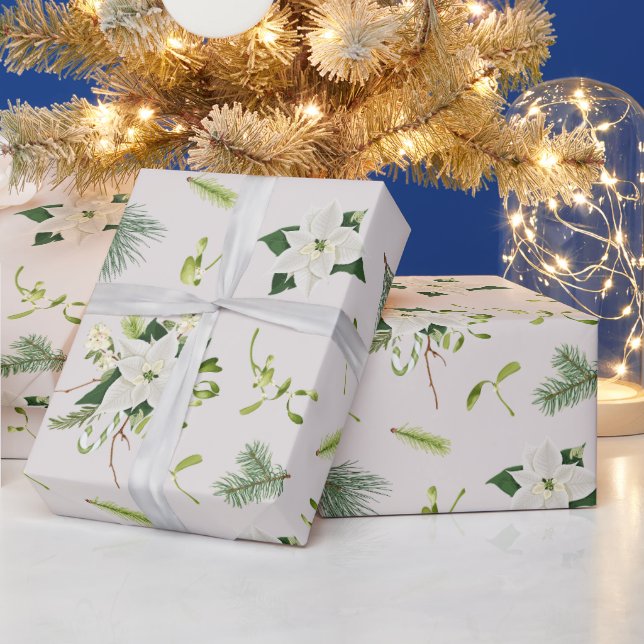 Papel De Presente White Green Floral Illustrated Christmas (Feriados)