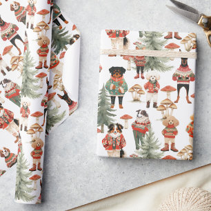 Papel De Presente White Green Woodland Dog Natal