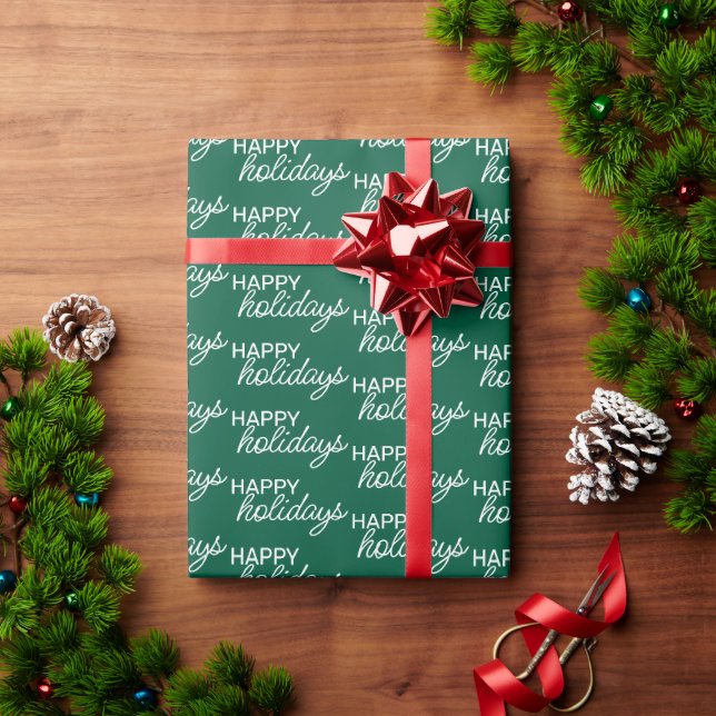 Papel De Presente White Happy Holidays Wordart Patterno Sobre Verde (Presente de Natal)