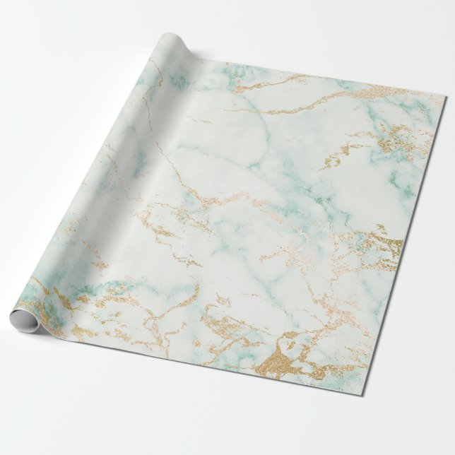 Papel De Presente White Mint Green - Dourado Glam Marble (Desenrolado)
