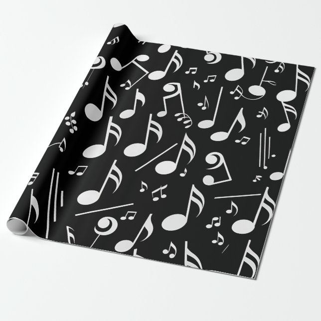 Papel De Presente White Musick Notes on Black (Desenrolado)