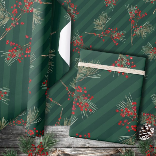 Papel De Presente White Pine Branch Ilex Berries Emerald Green (Criador carregado)