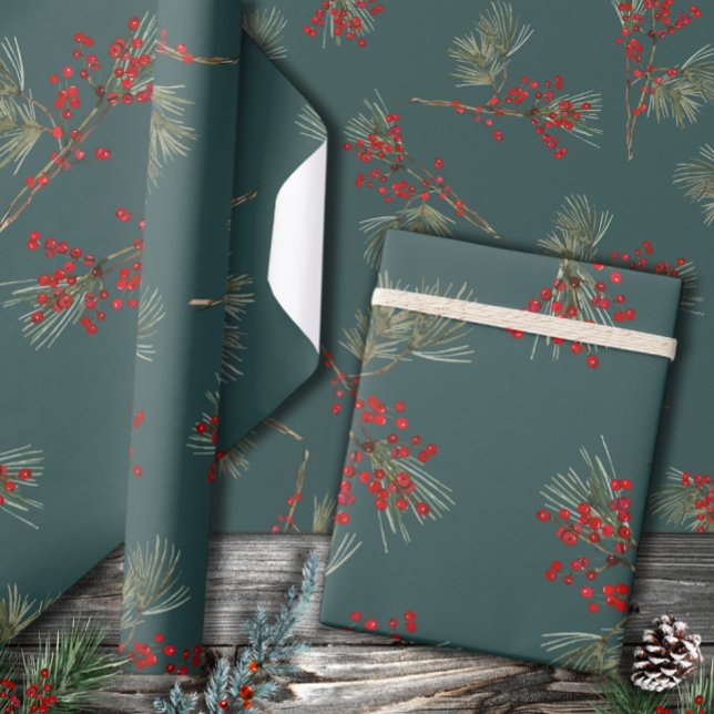 Papel De Presente White Pine Branch Red Ilex Berries Slate Green (Criador carregado)