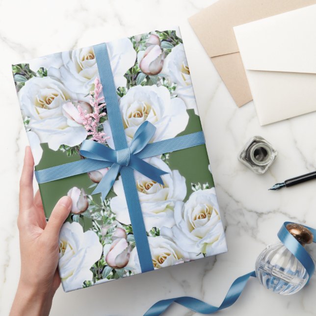Papel De Presente White Roses Wraping Paper on a Roll (Presentear)