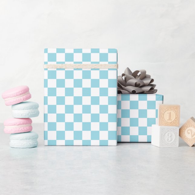 Papel De Presente White & Sky Blue Checkerboard Wrapping Paper Roll (Chá de bebê)