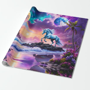 Papel De Presente White Unicorn Fantasy Tropical Beach