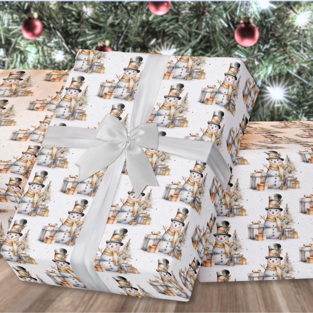 Papel De Presente White Winter Snowman no Natal (Black White Winter Snowman Christmas Wrapping Paper)
