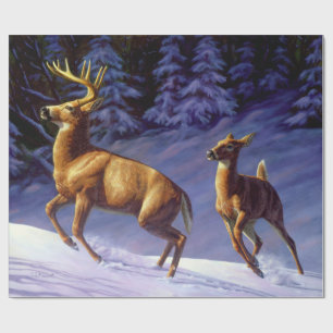 Papel De Presente Whitetail Deer Buck & Doe em Winter Snow