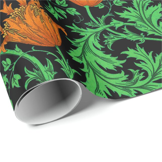 Papel De Presente William Morris Anemone, Laranja, Verde e Preto (Ponta do rolo)