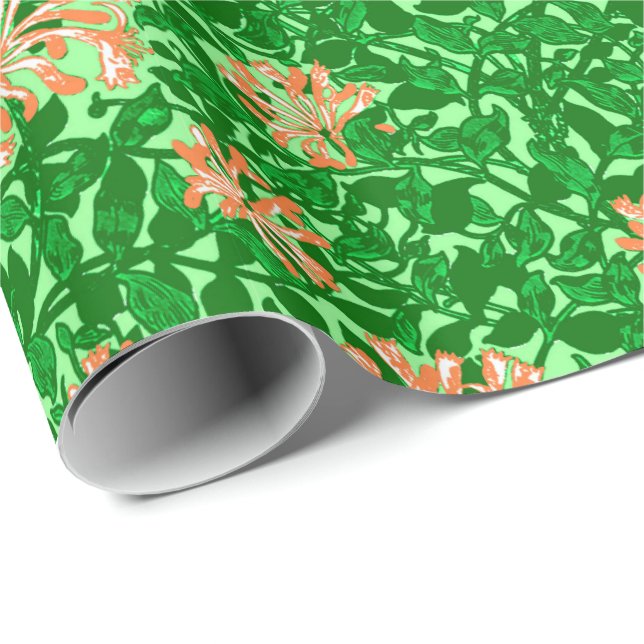 Papel De Presente William Morris Honeysuckle, Peach e Green (Ponta do rolo)