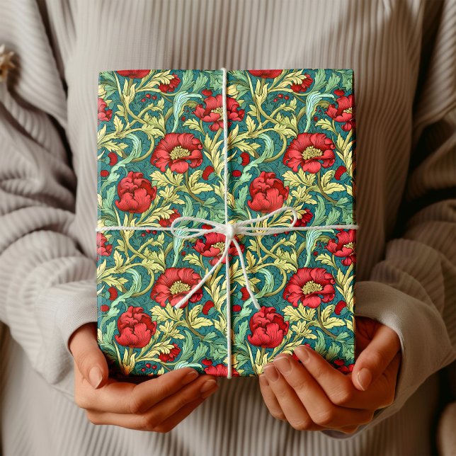 Papel De Presente William Morris inspirou azul verde pastel vermelho (William Morris inspired deep red pastel green blue Wrapping Paper)