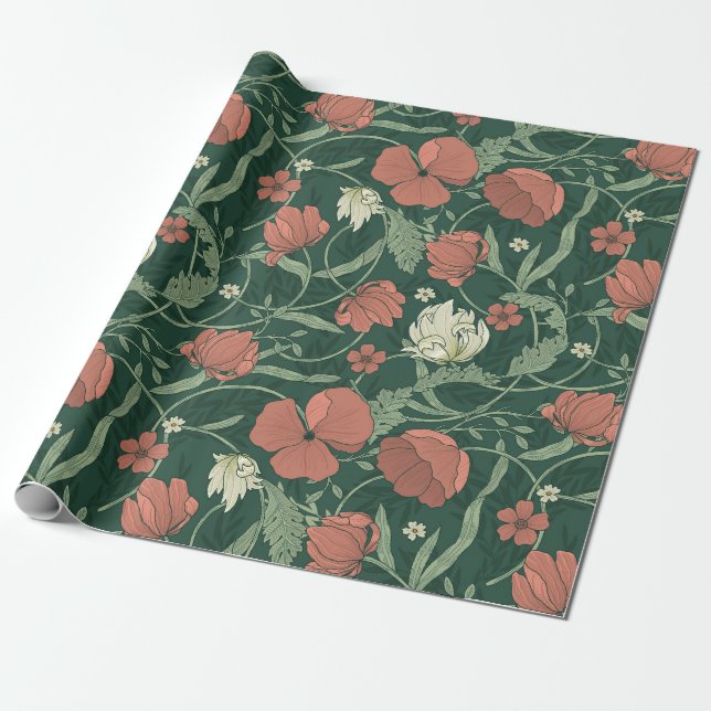 Papel De Presente William Morris Inspirou Floral Botânico Verde Verm (Desenrolado)