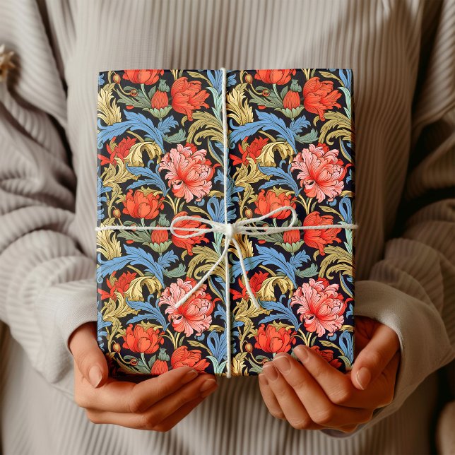 Papel De Presente William Morris inspirou o azul-rosa vermelho profu (William Morris inspired deep red pastel pink blue Wrapping Paper)