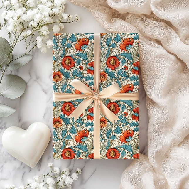 Papel De Presente William Morris inspirou terracotta pastel azul (William Morris inspired terracotta pastel blue Wrapping Paper)