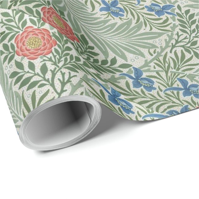 Papel De Presente William Morris Larkspur Verde Floral Azul (Ponta do rolo)