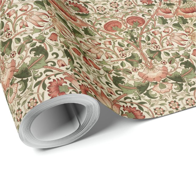 Papel De Presente William Morris Lodden Flowers Foliage Verde Rosa (Ponta do rolo)