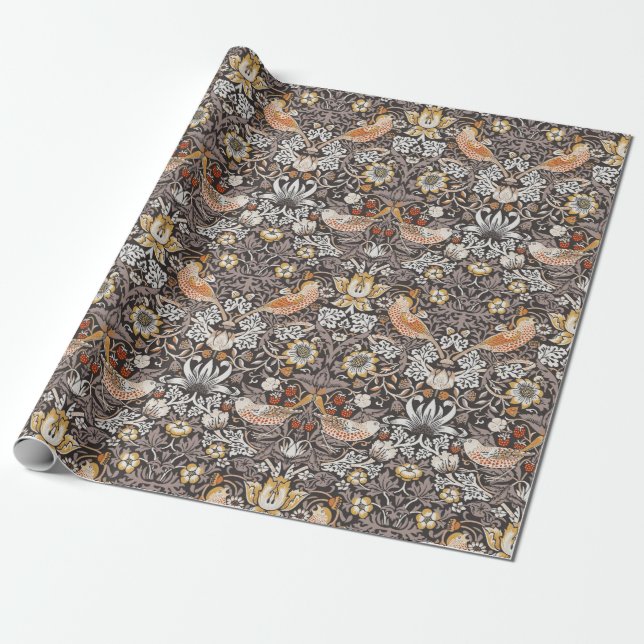 Papel De Presente William Morris Morango Furtado Carvão Ocre (Desenrolado)