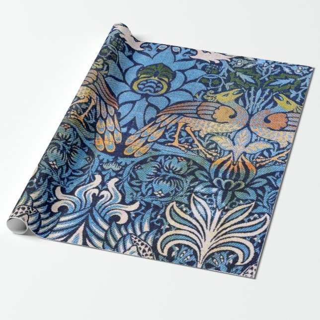 Papel De Presente William Morris Peacock E Dragão - Padrão Azul (Desenrolado)