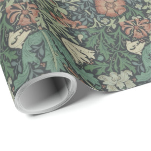 Papel De Presente William Morris Vintage Compton Verde Rosa  
