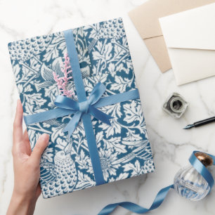 Papel De Presente William Morris Vintage Flores Aves Azul Branco