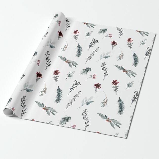 Papel De Presente Winter Blue Spruce & Mulled Berries White (Desenrolado)