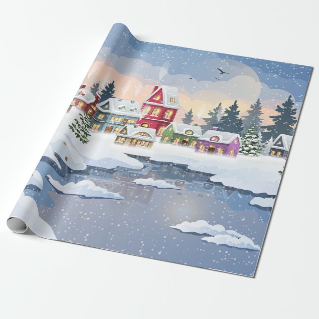 Papel De Presente Winter Christmas landscape with snow-covered house (Desenrolado)