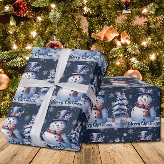 Papel De Presente Winter Forest Snowman Natal | Azul (Winter Forest Snowman Christmas Wrapping Paper)