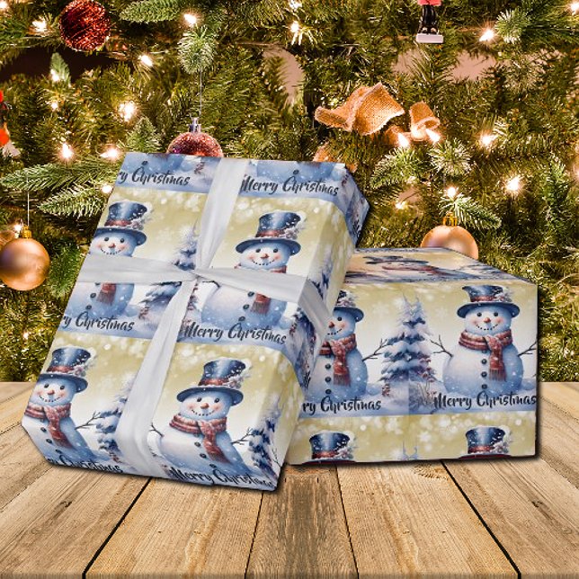 Papel De Presente Winter Forest Snowman Natal | DOURADO (Gold Winter Forest Snowman Christmas Wrapping Paper)