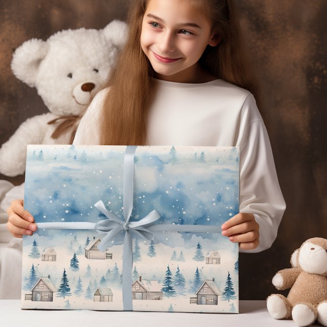 Papel De Presente Winter Village Watercolor White Christmas Modern (Criador carregado)