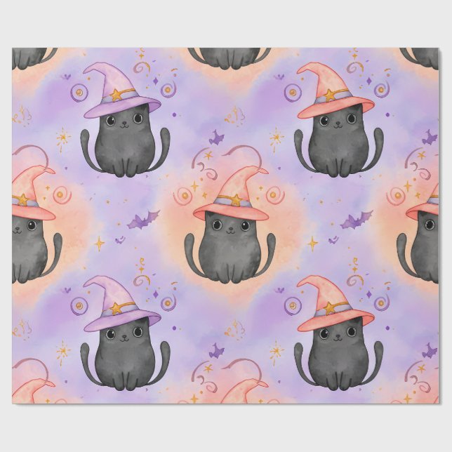 Papel De Presente Witchy Whiskers – Pastel Halloween Cat Pattern (Aberto)
