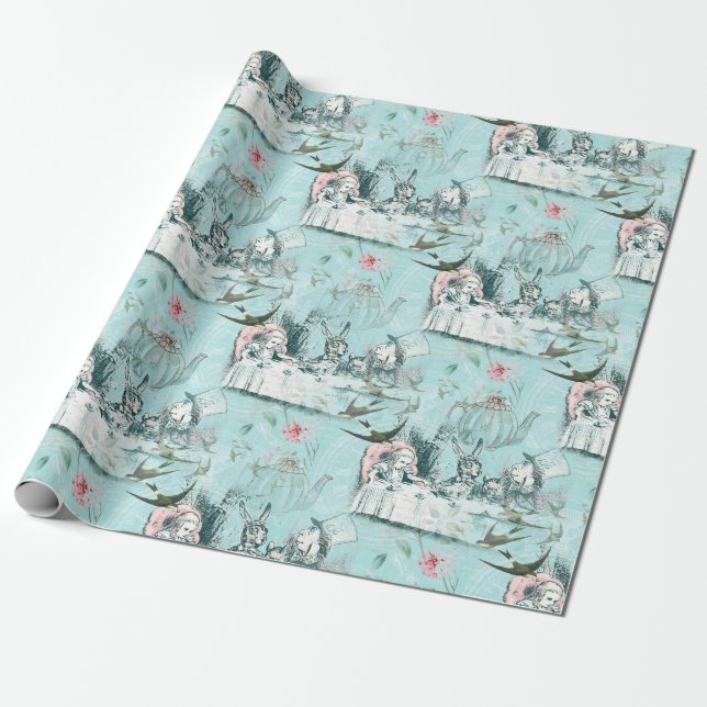 Papel De Presente Wonderland Mad Tea Party Aqua Pink Wrappaper (Desenrolado)
