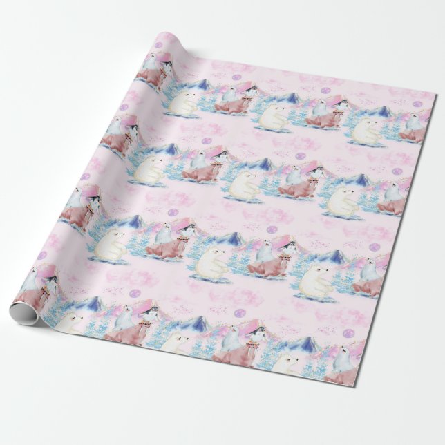 Papel De Presente Wonderland Polar Bears and Penguins Scense (Desenrolado)