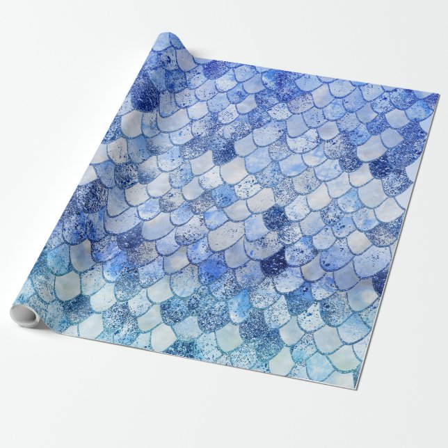 Papel De Presente Wonky Watercolor Ocean Blue Glitter Scals (Desenrolado)