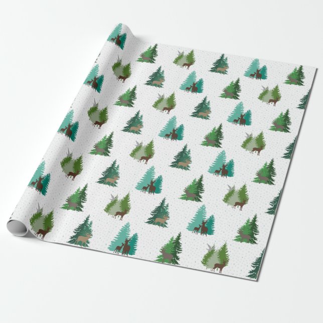 Papel De Presente Woodland Deer and Pine Trees Pattern (Desenrolado)