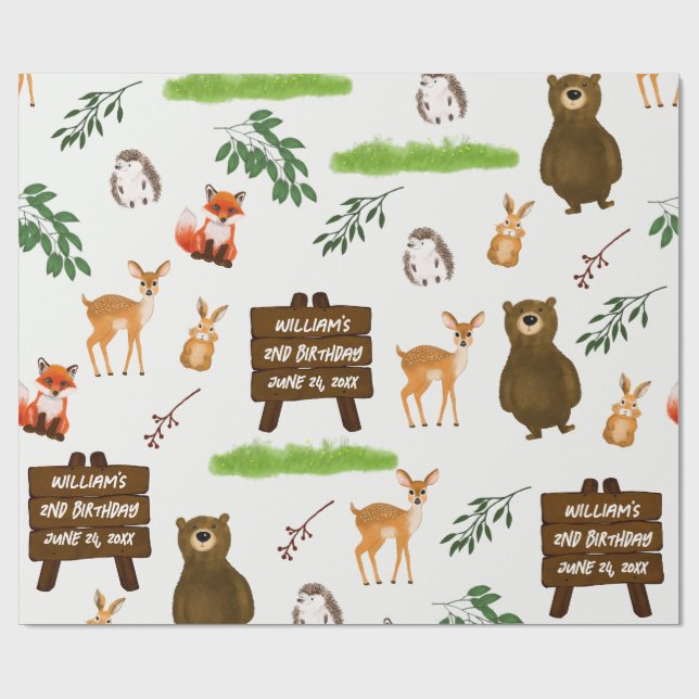 Papel De Presente Woodland Deer Bear Rabbit Fox Hedgehog Birthday (Aberto)