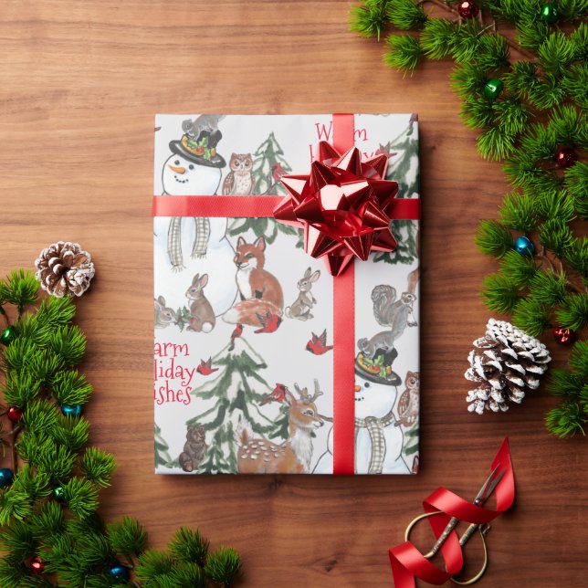Papel De Presente Woodland Snowman Deer Fox Christmas Wish Cinza (Presente de Natal)