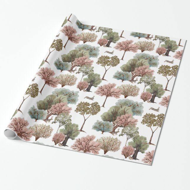 Papel De Presente Woodland Trees Rabbits (Desenrolado)