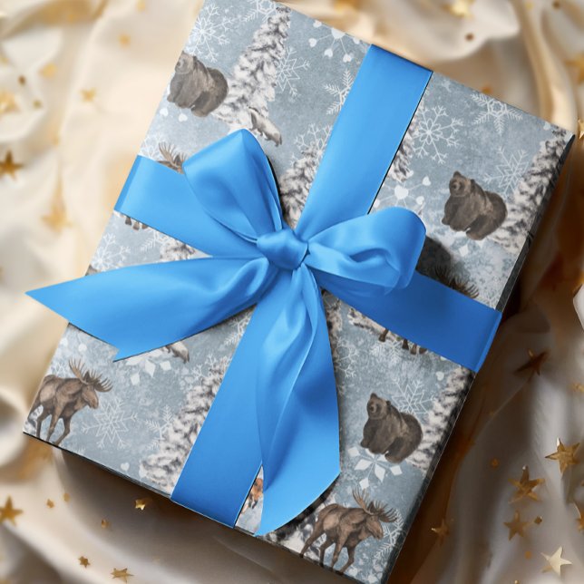 Papel De Presente Woodland Winter Moose Christmas Tree Floco (Criador carregado)